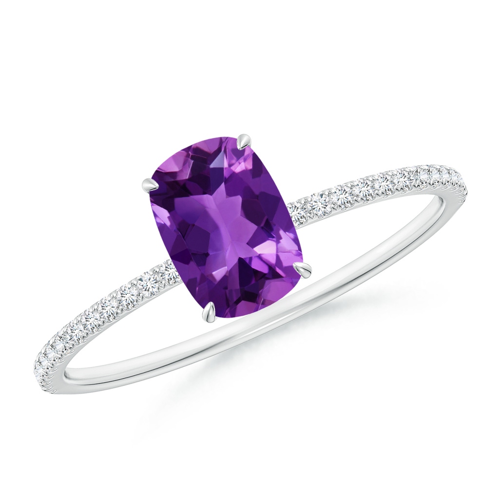7x5mm AAAA Thin Shank Cushion Cut Amethyst Ring With Diamond Accents in White Gold