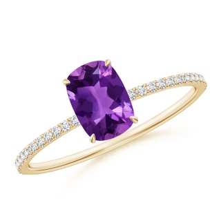 7x5mm AAAA Thin Shank Cushion Cut Amethyst Ring With Diamond Accents in Yellow Gold