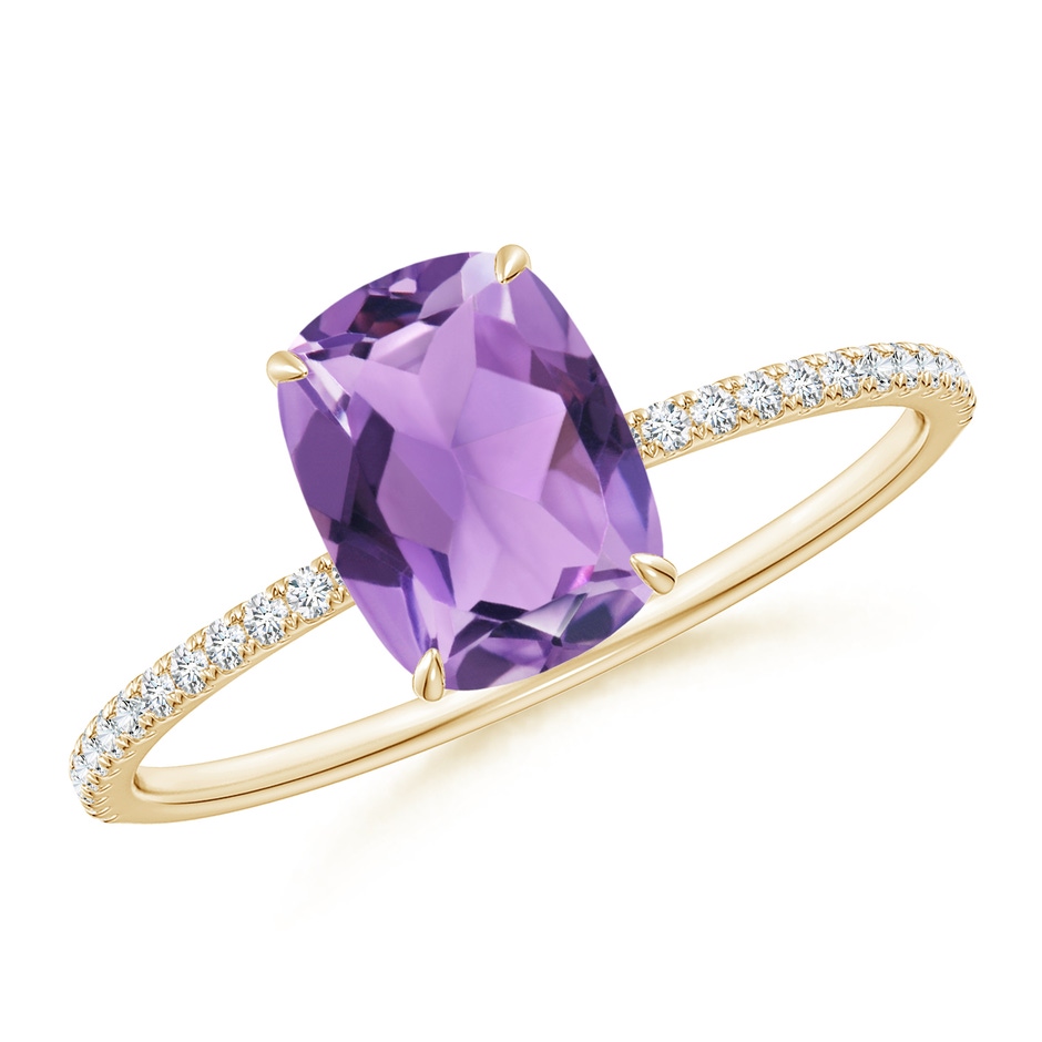 8x6mm A Thin Shank Cushion Cut Amethyst Ring With Diamond Accents in Yellow Gold 