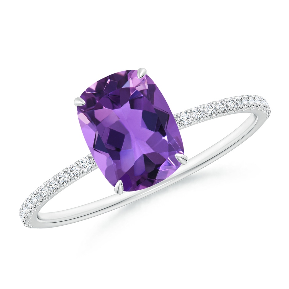 8x6mm AAA Thin Shank Cushion Cut Amethyst Ring With Diamond Accents in White Gold 