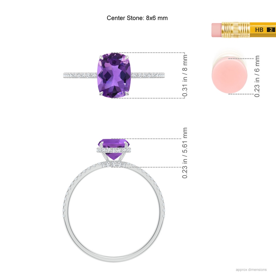 8x6mm AAA Thin Shank Cushion Cut Amethyst Ring With Diamond Accents in White Gold ruler