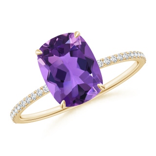9x7mm AAA Thin Shank Cushion Cut Amethyst Ring With Diamond Accents in Yellow Gold