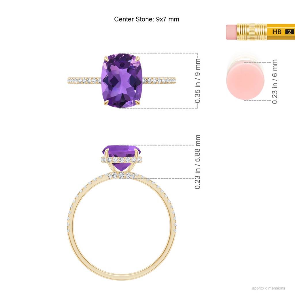 9x7mm AAA Thin Shank Cushion Cut Amethyst Ring With Diamond Accents in Yellow Gold Ruler