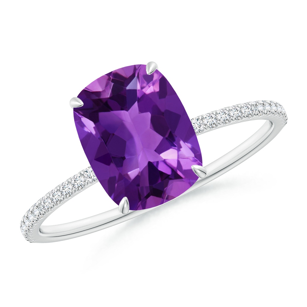 9x7mm AAAA Thin Shank Cushion Cut Amethyst Ring With Diamond Accents in White Gold 