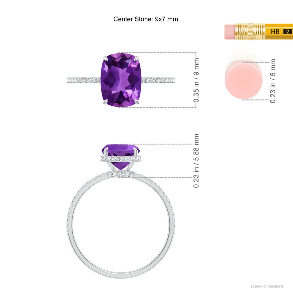 9x7mm AAAA Thin Shank Cushion Cut Amethyst Ring With Diamond Accents in White Gold Ruler