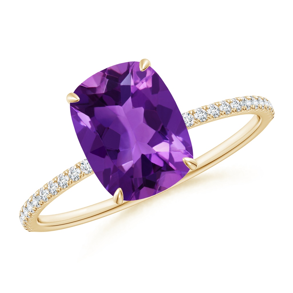 9x7mm AAAA Thin Shank Cushion Cut Amethyst Ring With Diamond Accents in Yellow Gold