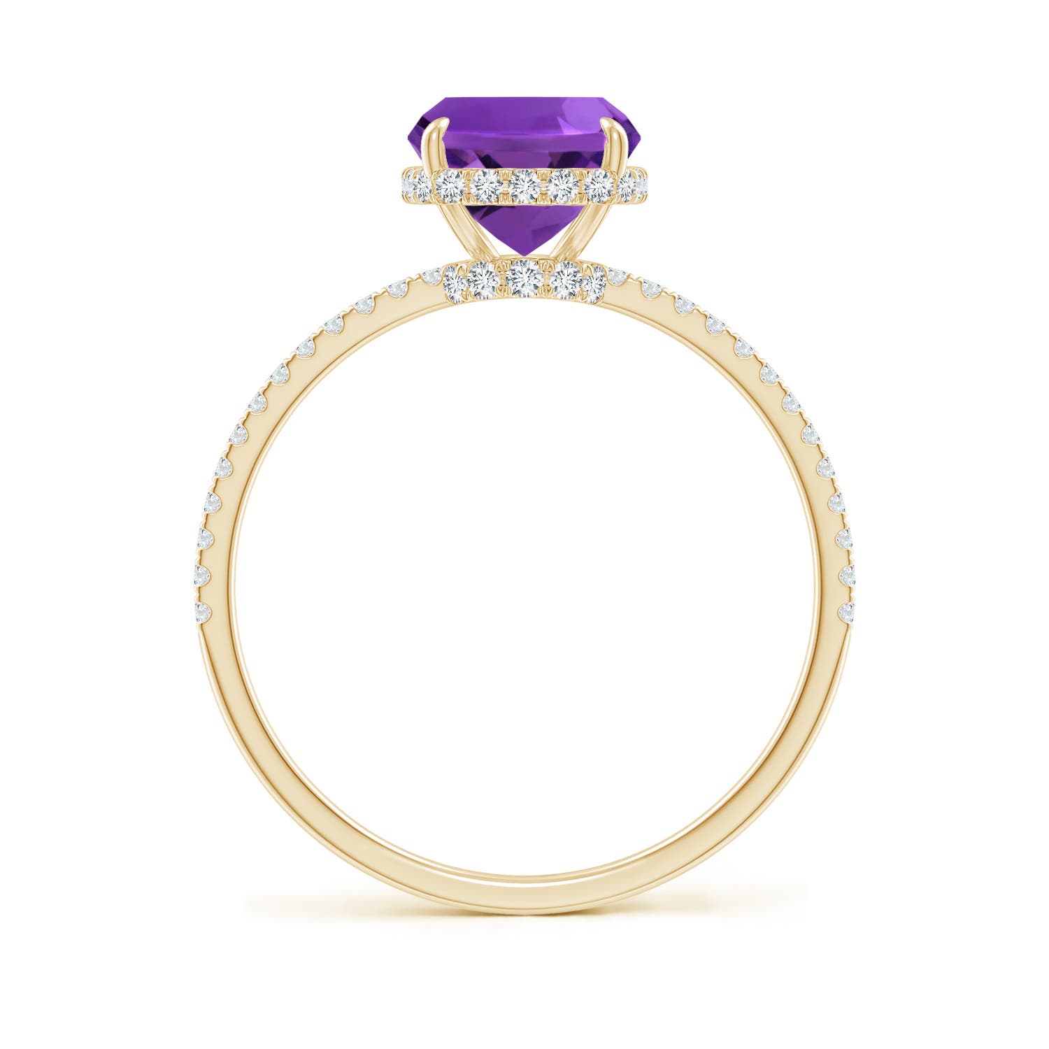9x7mm AAAA Thin Shank Cushion Cut Amethyst Ring With Diamond Accents in Yellow Gold - side 2