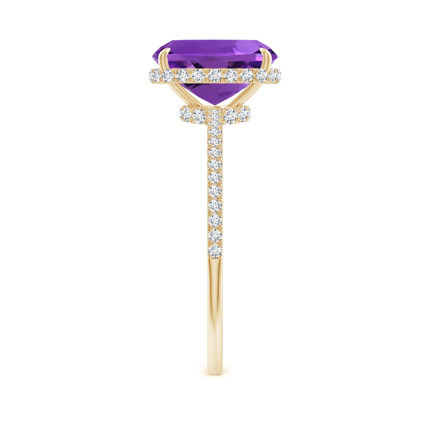 9x7mm AAAA Thin Shank Cushion Cut Amethyst Ring With Diamond Accents in Yellow Gold - side 3