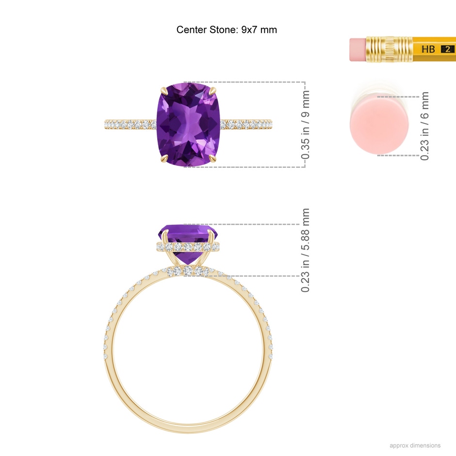 9x7mm AAAA Thin Shank Cushion Cut Amethyst Ring With Diamond Accents in Yellow Gold ruler