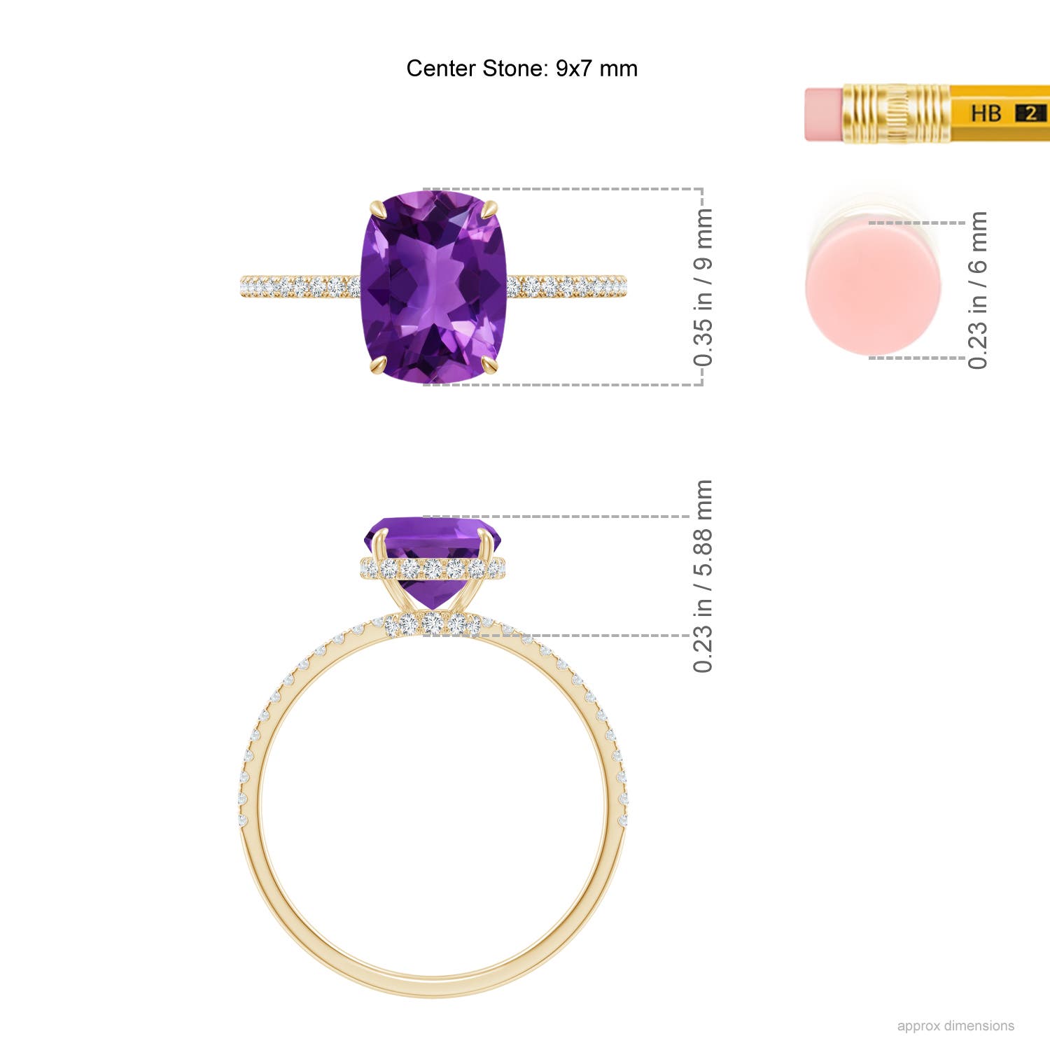 9x7mm AAAA Thin Shank Cushion Cut Amethyst Ring With Diamond Accents in Yellow Gold - ruler