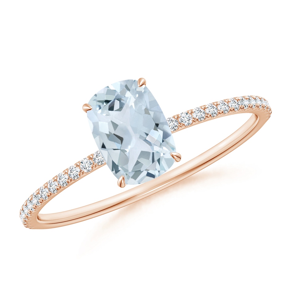 7x5mm A Thin Shank Cushion Cut Aquamarine Ring With Diamond Accents in Rose Gold 