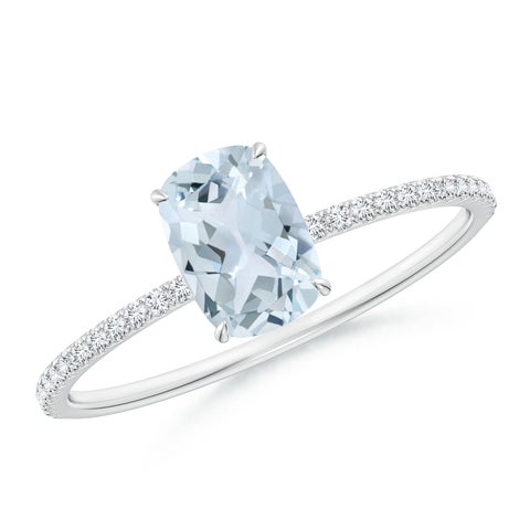 7x5mm A Thin Shank Cushion Cut Aquamarine Ring With Diamond Accents in White Gold