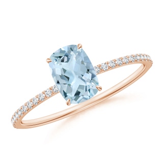 7x5mm AA Thin Shank Cushion Cut Aquamarine Ring With Diamond Accents in 10K Rose Gold