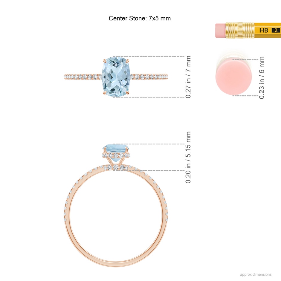 7x5mm AA Thin Shank Cushion Cut Aquamarine Ring With Diamond Accents in Rose Gold ruler