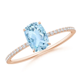 7x5mm AAA Thin Shank Cushion Cut Aquamarine Ring With Diamond Accents in 9K Rose Gold
