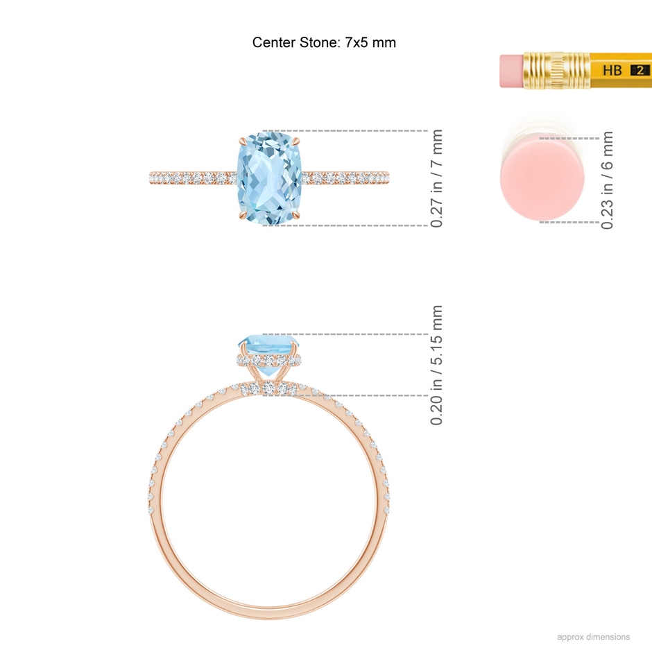 7x5mm AAA Thin Shank Cushion Cut Aquamarine Ring With Diamond Accents in 9K Rose Gold ruler