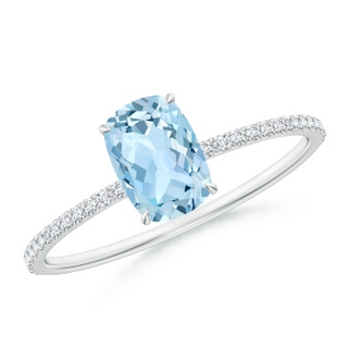 7x5mm AAA Thin Shank Cushion Cut Aquamarine Ring With Diamond Accents in White Gold