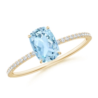 7x5mm AAA Thin Shank Cushion Cut Aquamarine Ring With Diamond Accents in Yellow Gold