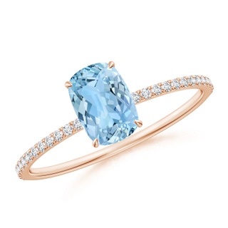 7x5mm AAAA Thin Shank Cushion Cut Aquamarine Ring With Diamond Accents in 9K Rose Gold
