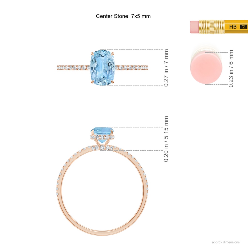 7x5mm AAAA Thin Shank Cushion Cut Aquamarine Ring With Diamond Accents in Rose Gold ruler