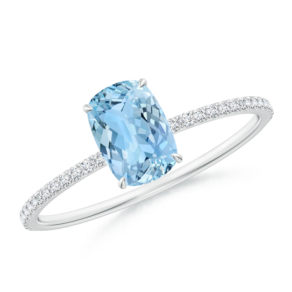7x5mm AAAA Thin Shank Cushion Cut Aquamarine Ring With Diamond Accents in White Gold