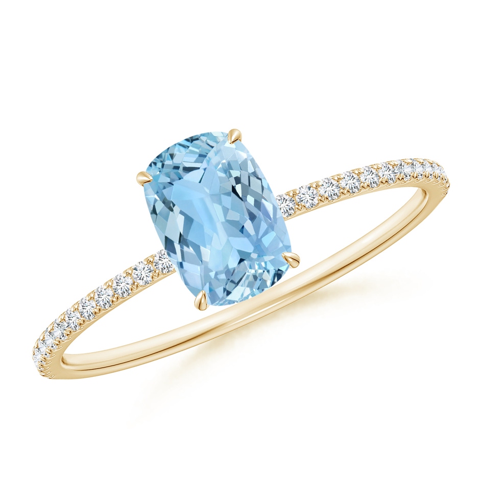 7x5mm AAAA Thin Shank Cushion Cut Aquamarine Ring With Diamond Accents in Yellow Gold 