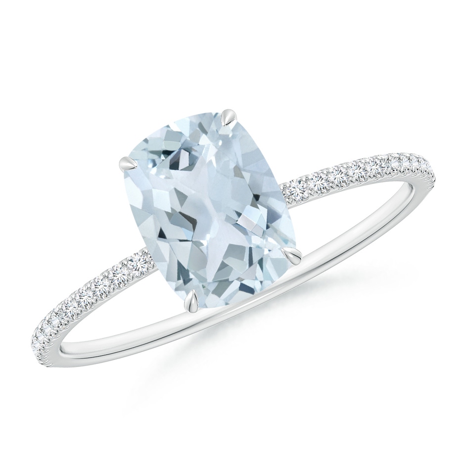 8x6mm A Thin Shank Cushion Cut Aquamarine Ring With Diamond Accents in White Gold 