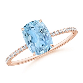 8x6mm AAAA Thin Shank Cushion Cut Aquamarine Ring With Diamond Accents in 18K Rose Gold