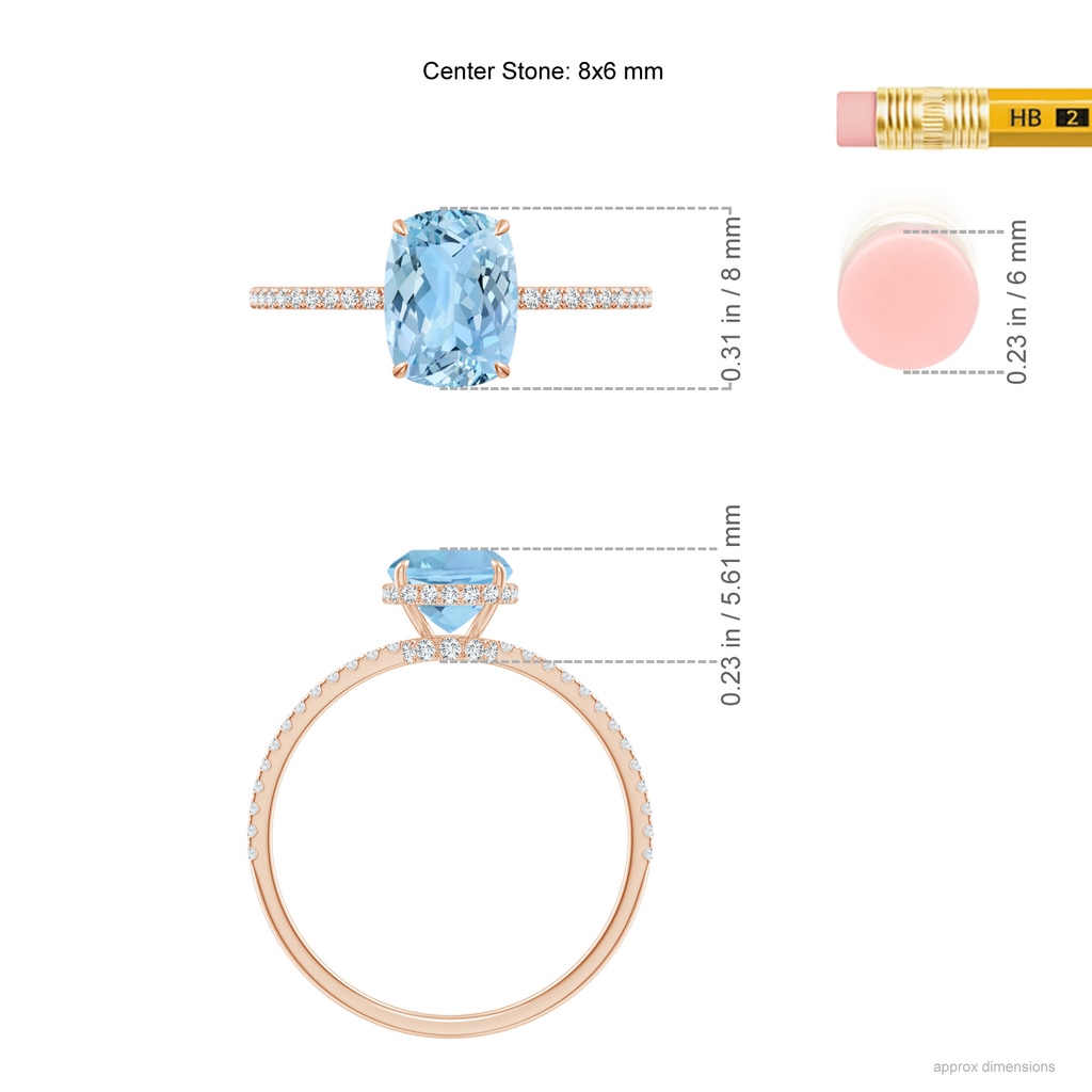 8x6mm AAAA Thin Shank Cushion Cut Aquamarine Ring With Diamond Accents in Rose Gold ruler