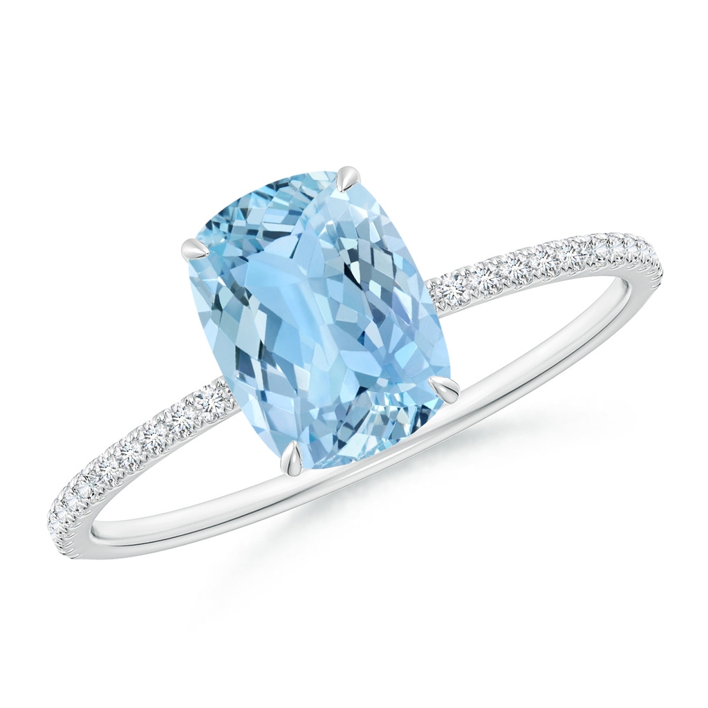 8x6mm AAAA Thin Shank Cushion Cut Aquamarine Ring With Diamond Accents in White Gold