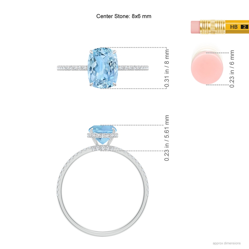 8x6mm AAAA Thin Shank Cushion Cut Aquamarine Ring With Diamond Accents in White Gold ruler