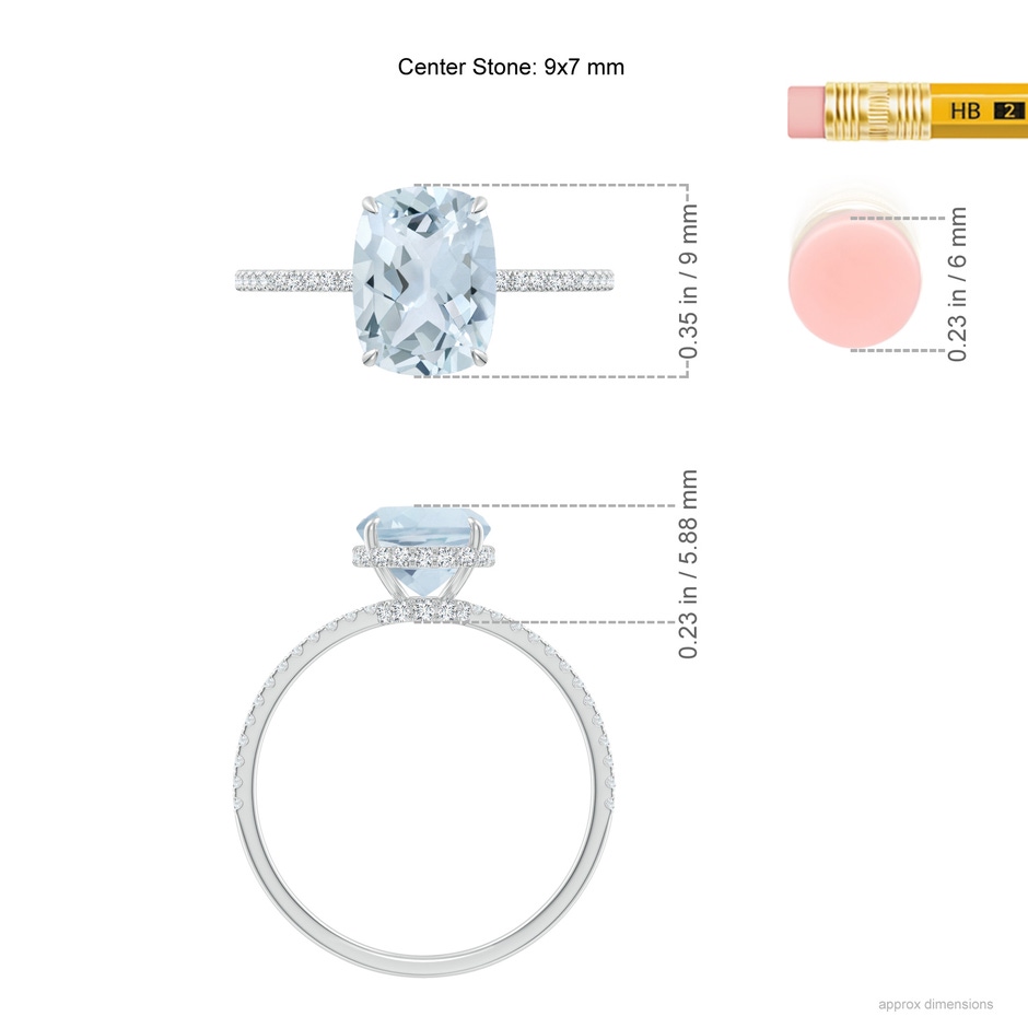 9x7mm A Thin Shank Cushion Cut Aquamarine Ring With Diamond Accents in 9K White Gold ruler