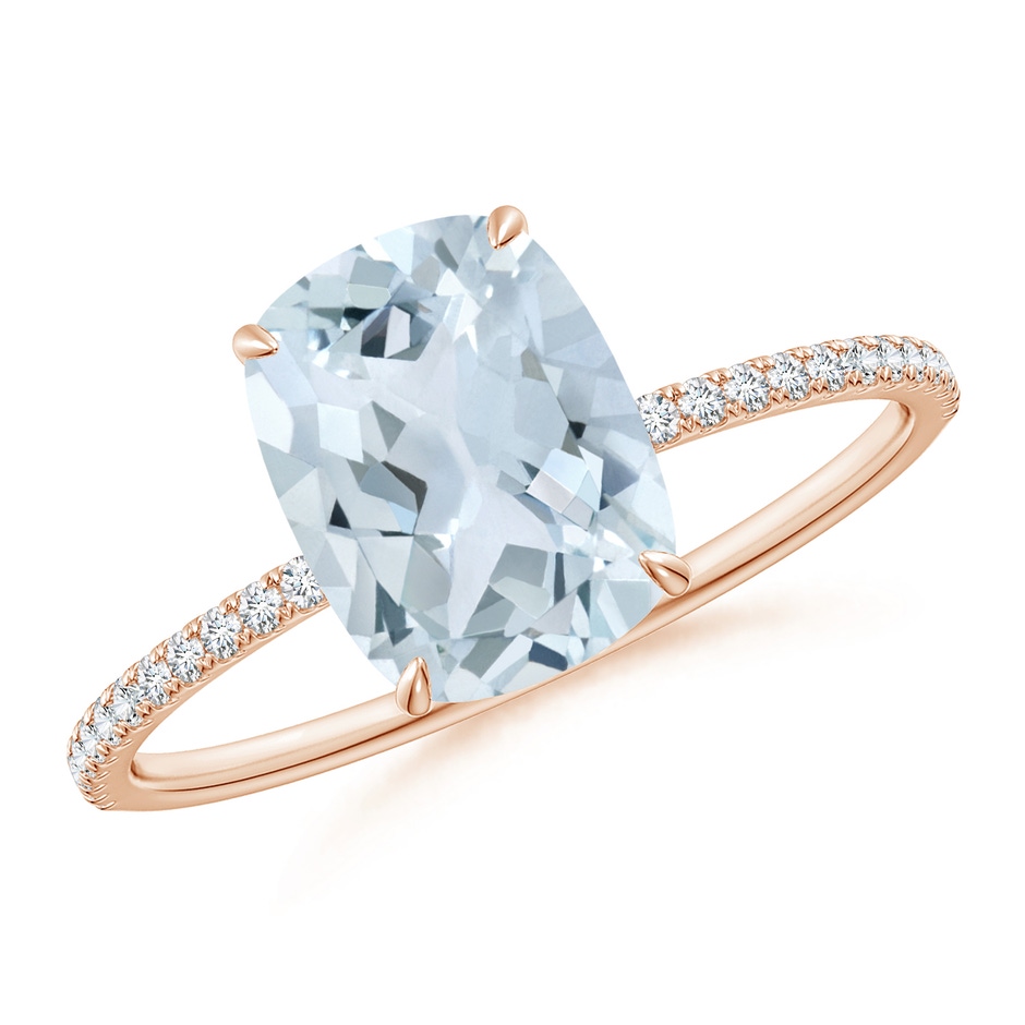 9x7mm A Thin Shank Cushion Cut Aquamarine Ring With Diamond Accents in Rose Gold 