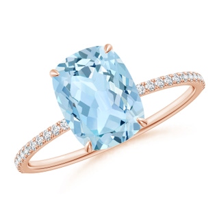 9x7mm AAA Thin Shank Cushion Cut Aquamarine Ring With Diamond Accents in 18K Rose Gold