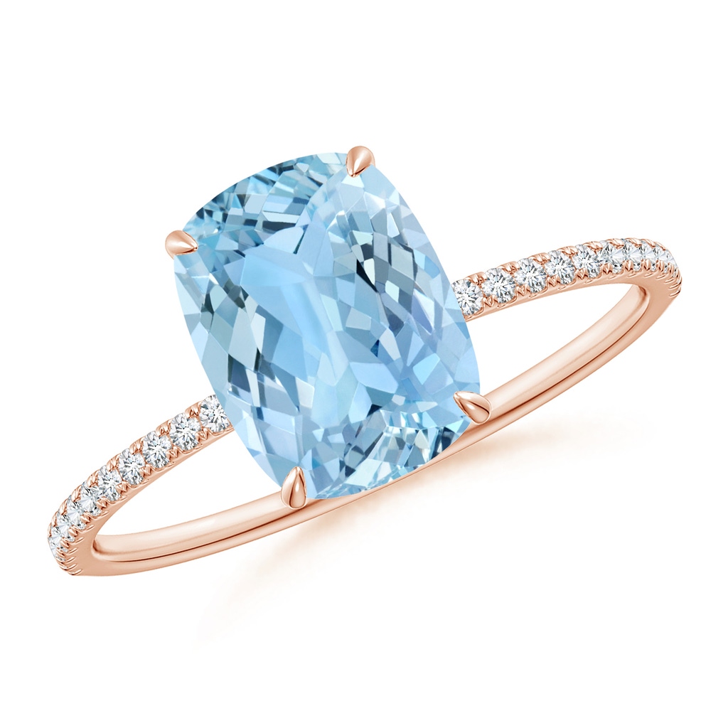 9x7mm AAAA Thin Shank Cushion Cut Aquamarine Ring With Diamond Accents in 18K Rose Gold 