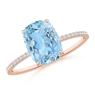 9x7mm AAAA Thin Shank Cushion Cut Aquamarine Ring With Diamond Accents in 18K Rose Gold