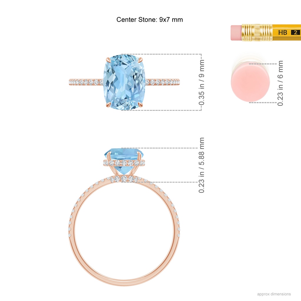 9x7mm AAAA Thin Shank Cushion Cut Aquamarine Ring With Diamond Accents in 18K Rose Gold ruler