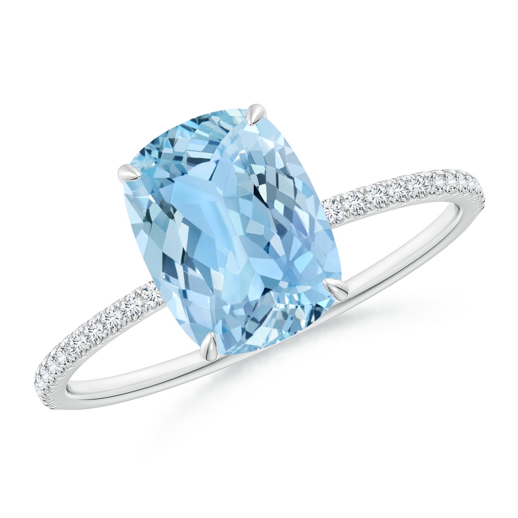 9x7mm AAAA Thin Shank Cushion Cut Aquamarine Ring With Diamond Accents in 18K White Gold