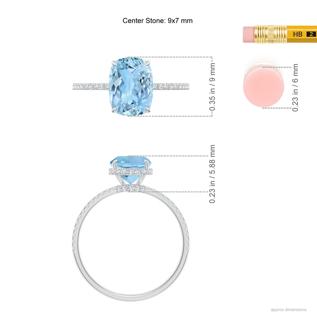 9x7mm AAAA Thin Shank Cushion Cut Aquamarine Ring With Diamond Accents in 18K White Gold ruler