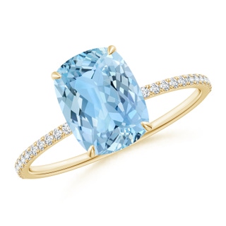 9x7mm AAAA Thin Shank Cushion Cut Aquamarine Ring With Diamond Accents in 18K Yellow Gold