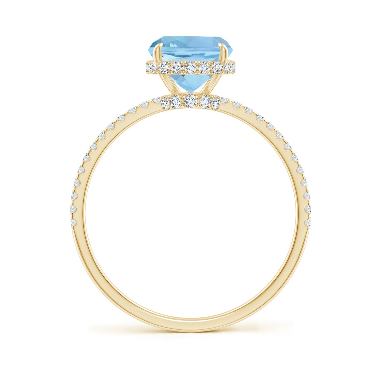 9x7mm AAAA Thin Shank Cushion Cut Aquamarine Ring With Diamond Accents in 18K Yellow Gold - side 3