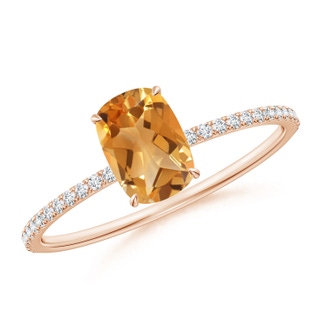 7x5mm A Thin Shank Cushion Cut Citrine Ring With Diamond Accents in 10K Rose Gold