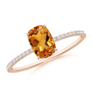 7x5mm AA Thin Shank Cushion Cut Citrine Ring With Diamond Accents in Rose Gold