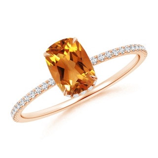 7x5mm AAA Thin Shank Cushion Cut Citrine Ring With Diamond Accents in 10K Rose Gold