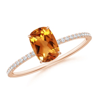 7x5mm AAA Thin Shank Cushion Cut Citrine Ring With Diamond Accents in Rose Gold