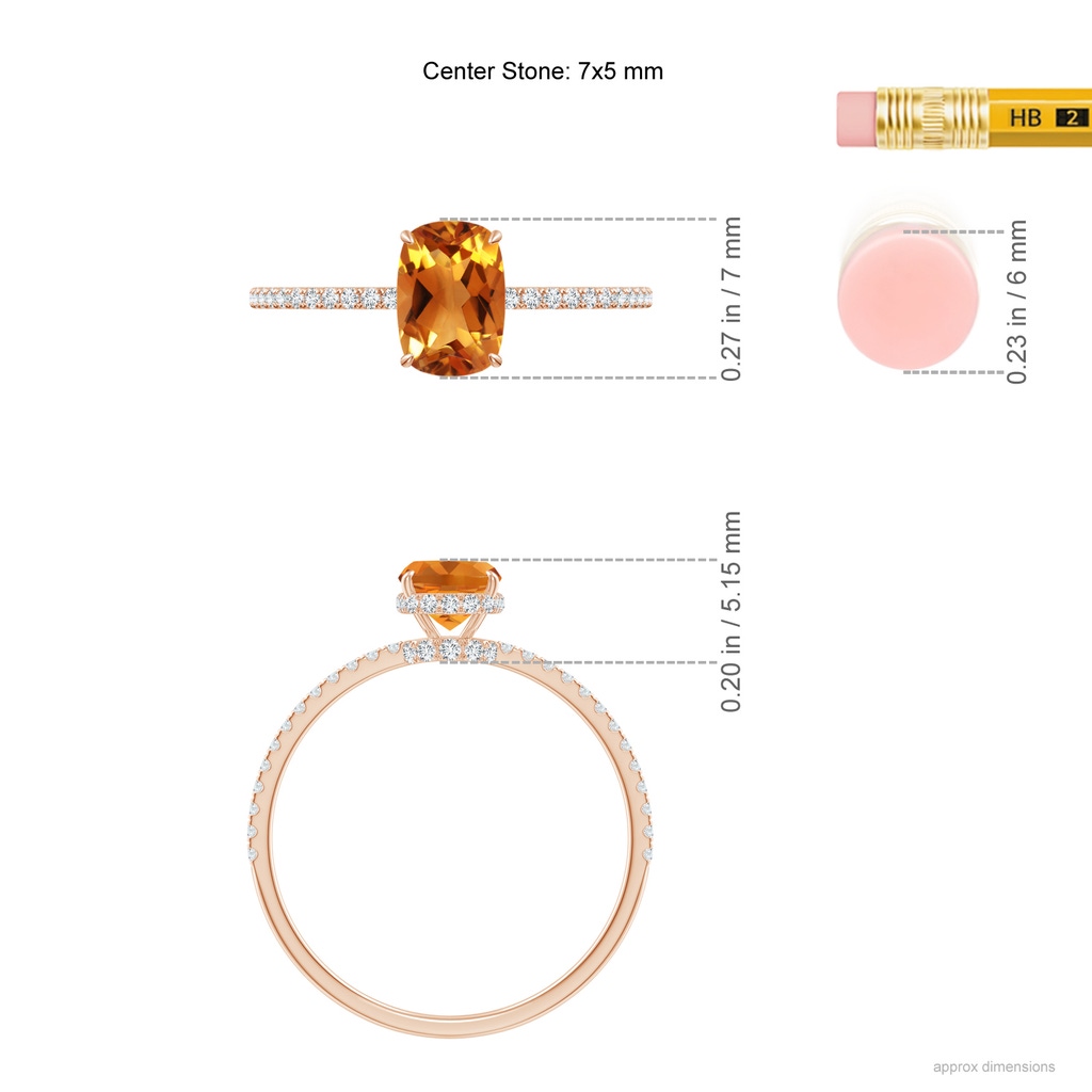 7x5mm AAA Thin Shank Cushion Cut Citrine Ring With Diamond Accents in Rose Gold Ruler