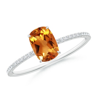 7x5mm AAA Thin Shank Cushion Cut Citrine Ring With Diamond Accents in White Gold