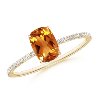 7x5mm AAA Thin Shank Cushion Cut Citrine Ring With Diamond Accents in Yellow Gold