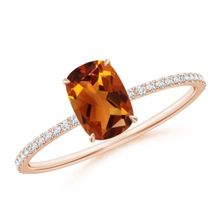 7x5mm AAAA Thin Shank Cushion Cut Citrine Ring With Diamond Accents in 9K Rose Gold