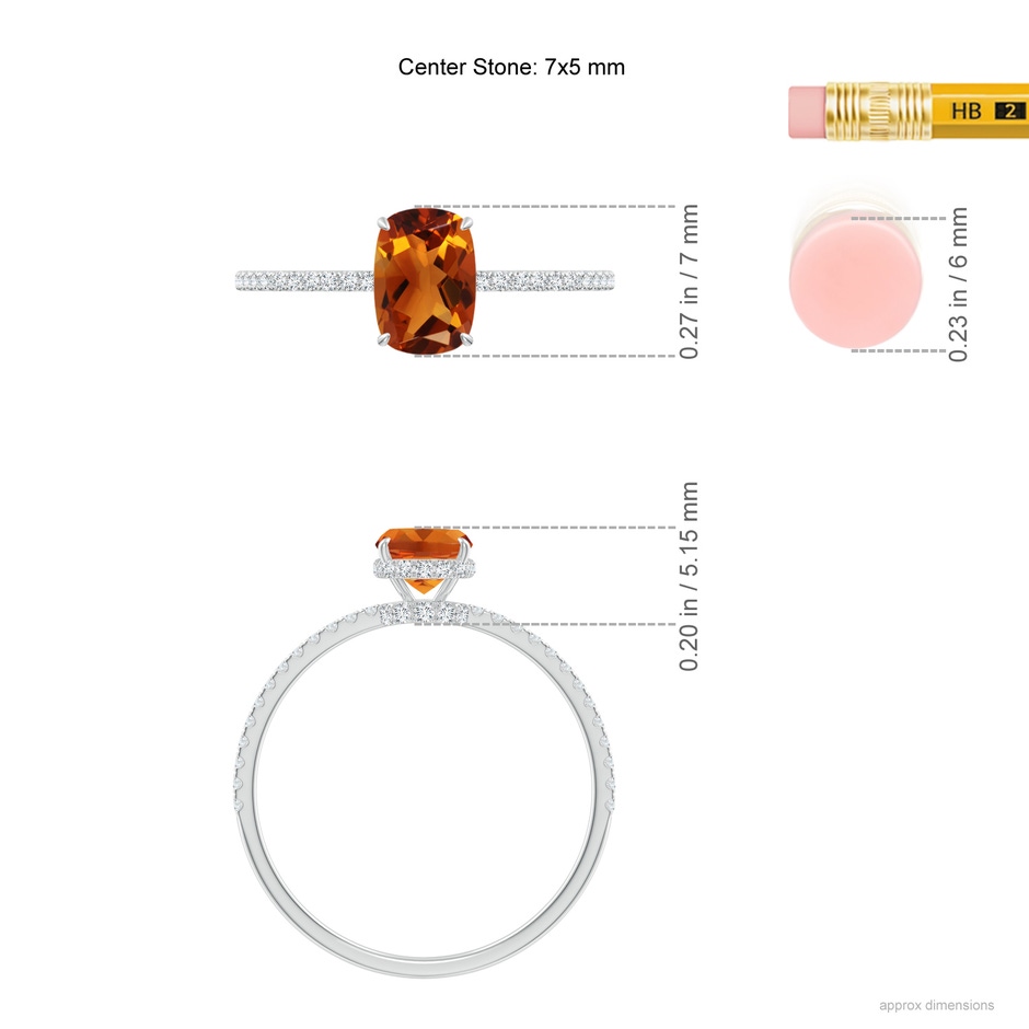 7x5mm AAAA Thin Shank Cushion Cut Citrine Ring With Diamond Accents in White Gold ruler